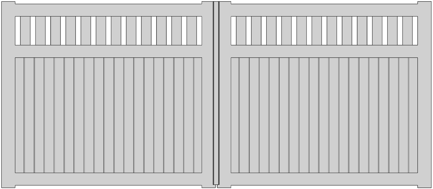 Dessin du portail aluminium Chantilly standard 2 vantaux, partie haute ajourée en barreaux verticaux et remplissage plein en lames verticales