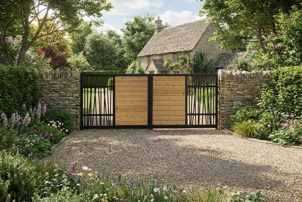 Portail battant aluminium Forenia avec remplissage bois thermotraité et tubes alu effet bambou