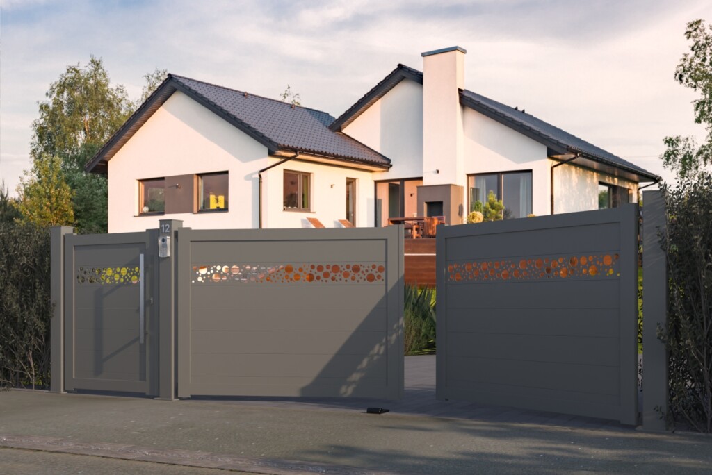 Portail ROYAN deux battants avec portillon et décor laser bulles – fabrication française Eurofactory