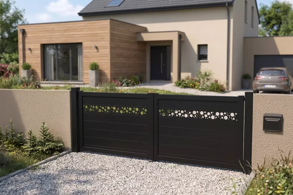 Portail aluminium ROYAN deux battants avec décor laser bulles – fabrication française Eurofactory