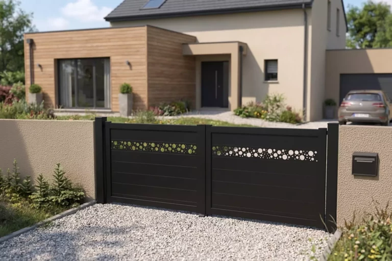 Portail aluminium ROYAN deux battants avec décor laser bulles – fabrication française Eurofactory