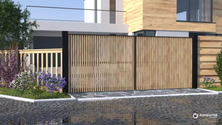 Portail aluminium GREENWICH sans traverse biais – remplissage bois thermotraité – fabrication française Eurofactory