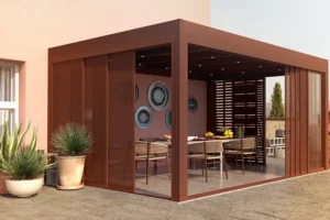 Pergola en aluminium sur-mesure - modèle LINEA avec parois coulissantes en aluminium adossé à une maison - Eurofactory - Eurocarport Aluminium