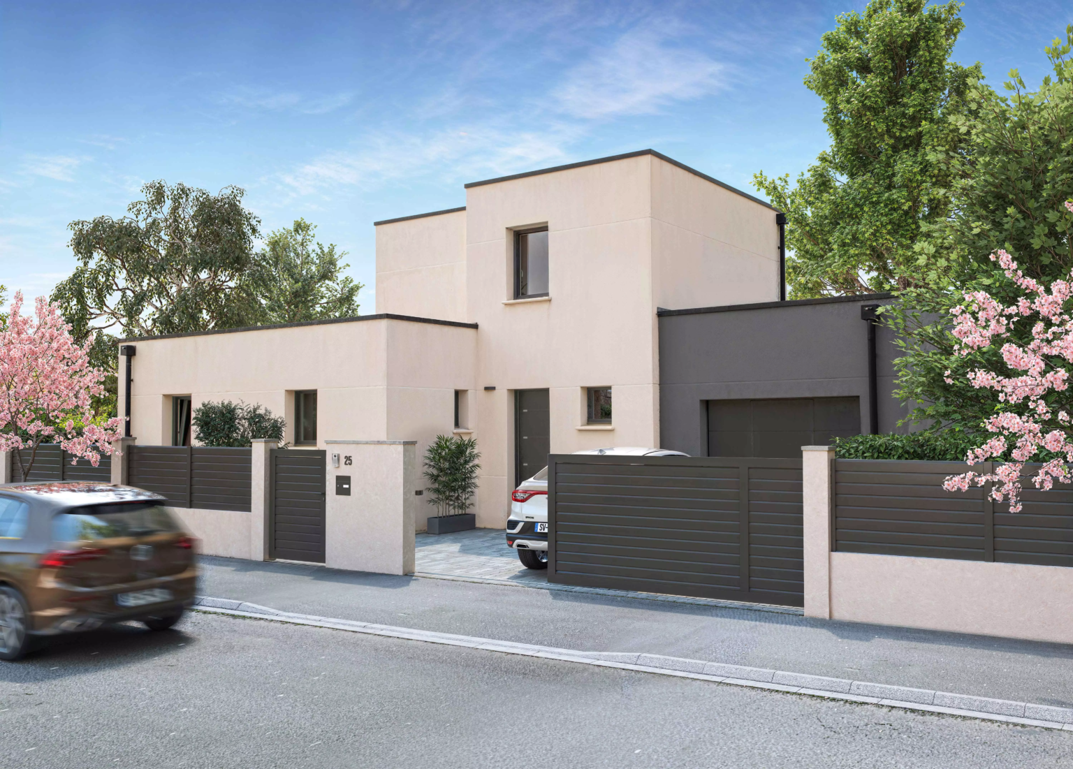 Portail coulissant aluminium modèle Toulouse avec portillon et clôture assortie sur muret, fabrication française sur mesure par Eurofactory