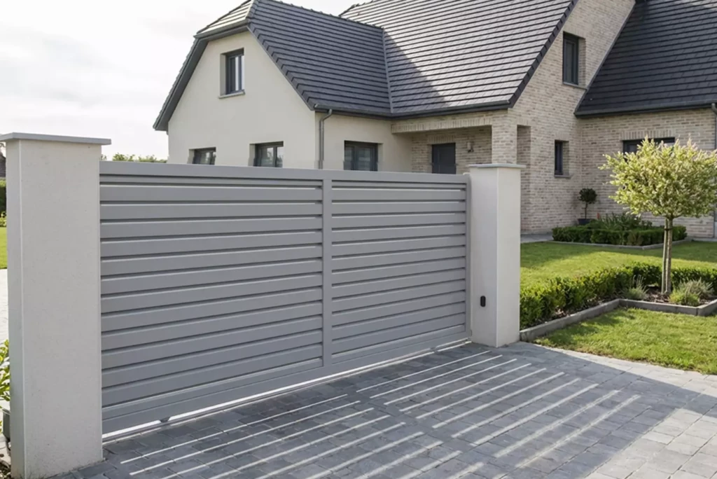 Portail aluminium coulissant TOULOUSE avec lames effet persienne – portail contemporain sur mesure