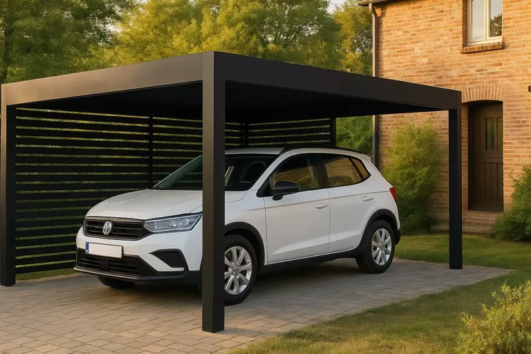 Carport aluminium BORÉAL autoporté avec brise-vue en lattes aluminium ajourées 80 mm – sur mesure – fabrication française EUROFACTORY