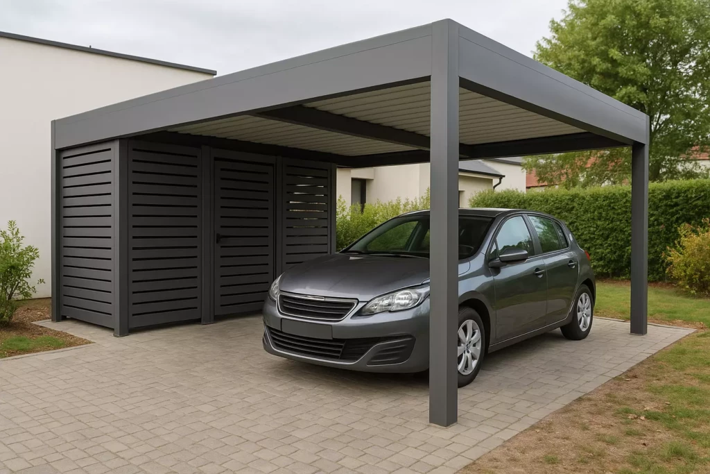 Carport aluminium BORÉAL avec abri fermé et portillon BELLERIVE – lattes aluminium 80 mm ajourées – toiture bac acier – fabrication française EUROFACTORY