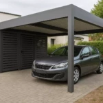 Carport aluminium BORÉAL avec abri fermé et portillon BELLERIVE – lattes aluminium 80 mm ajourées – toiture bac acier – fabrication française EUROFACTORY