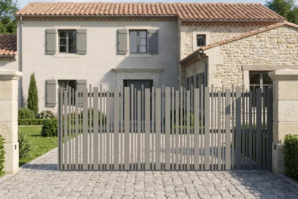 Portail aluminium CHOLET ajouré avec lattes en applique asymétriques – portail design contemporain sur mesure