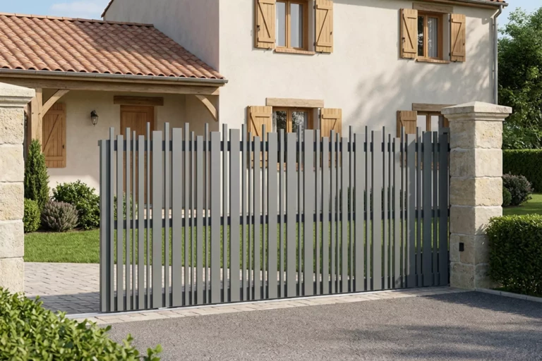 Portail aluminium coulissant contemporain CHOLET avec lattes aluminium verticales en applique