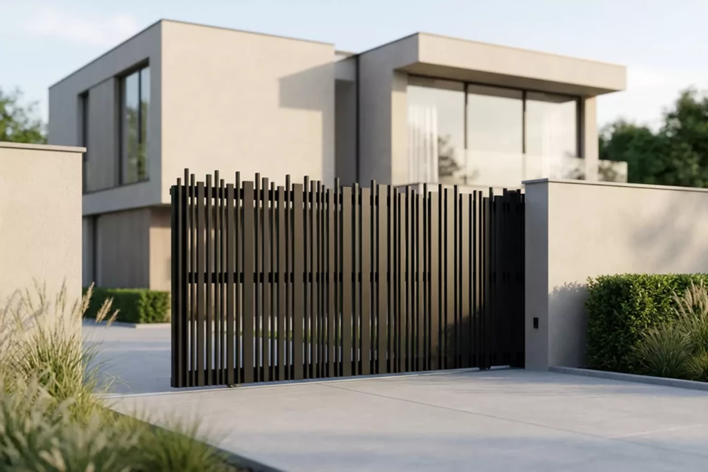 Portail aluminium coulissant ajouré CHOLET avec lattes en applique de hauteurs différentes – fabrication française sur mesure